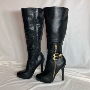 Heart in D Black Leather Boots with Gold Buckles, size 6